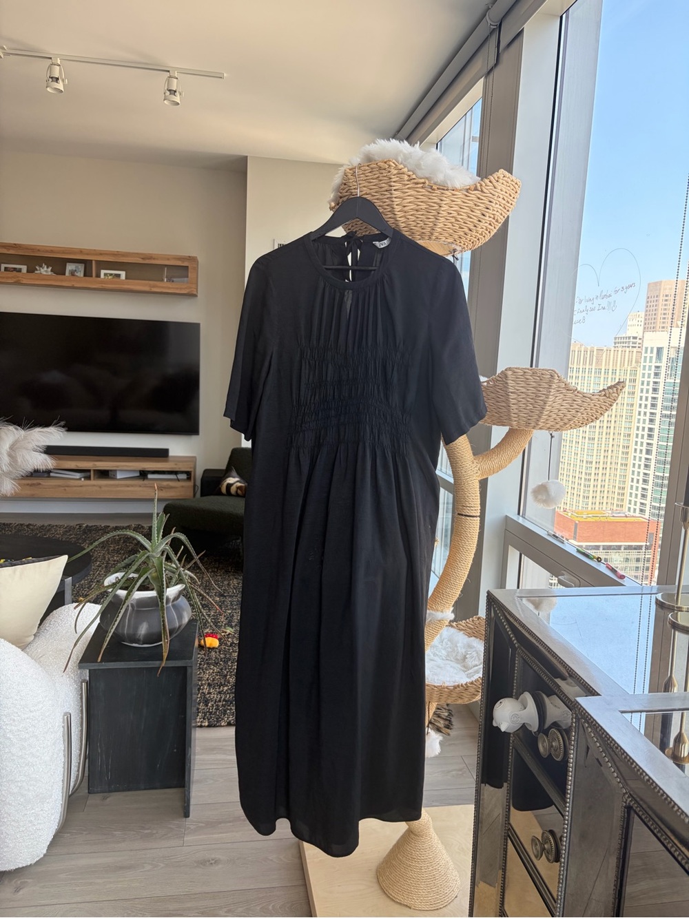 Zara Black Short-Sleeve Smocked Midi Dress